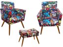 Ver imagem 1 de Kit 2 Poltronas Decorativa Bia + Puff Retangular Suede Romero Gato Pés Madeira Ms Decor