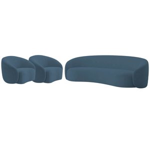 Kit Sofá 3 Lugares 200cm e 2 Poltronas Orgânica Luxo Recepção Amore Linho Azul Royal - Amarena Móvei