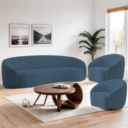 Kit Sofá 3 Lugares 200cm e 2 Poltronas Orgânica Luxo Recepção Amore Linho Azul Royal - Amarena Móvei - 2