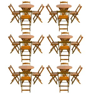 Kit 6 Jogos de Mesa Dobrável com 4 Cadeiras Tampo Redondo 70x70 Mel