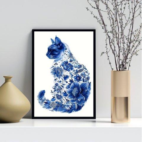 Quadro Arte Gato Floral Azul 24x18cm - com Vidro:moldura Branca