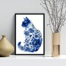 Quadro Arte Gato Floral Azul 24x18cm - com Vidro:moldura Branca - 1