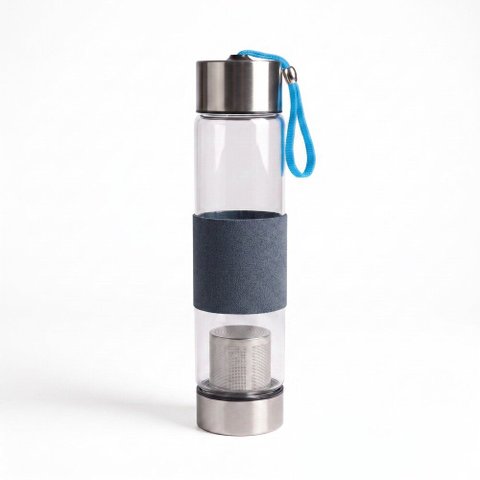 Garrafa de Vidro 450ml com Infusor para Chá Azul