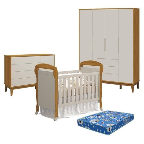 Quarto de Bebê 4 Portas com Cômoda com Porta Elfe Classic e Berço Americano Danny Areia Savana