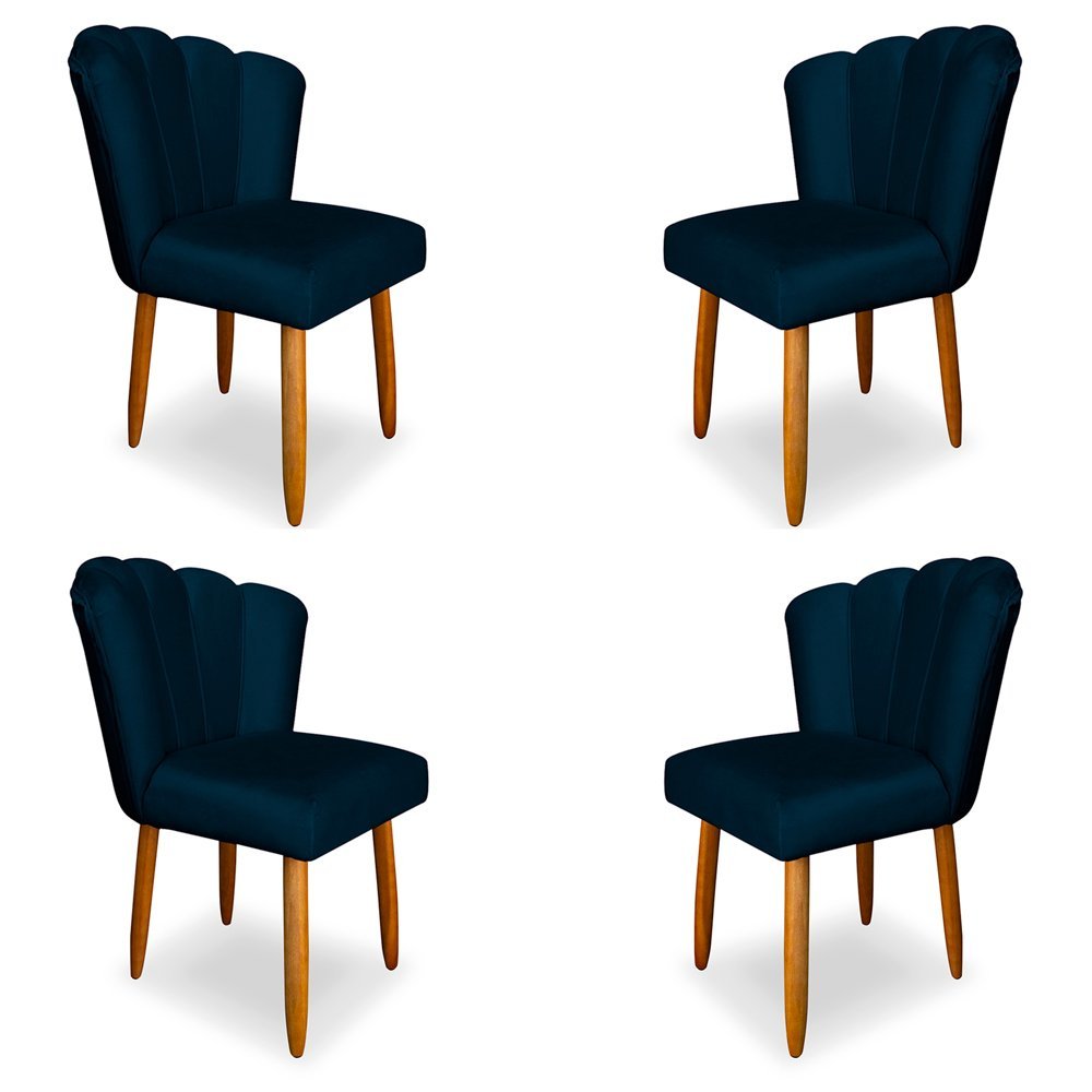 Kit 4 Cadeiras de Jantar Pétala Estofada Pés Palito Veludo Azul Marinho - Montanaris Decor - 1