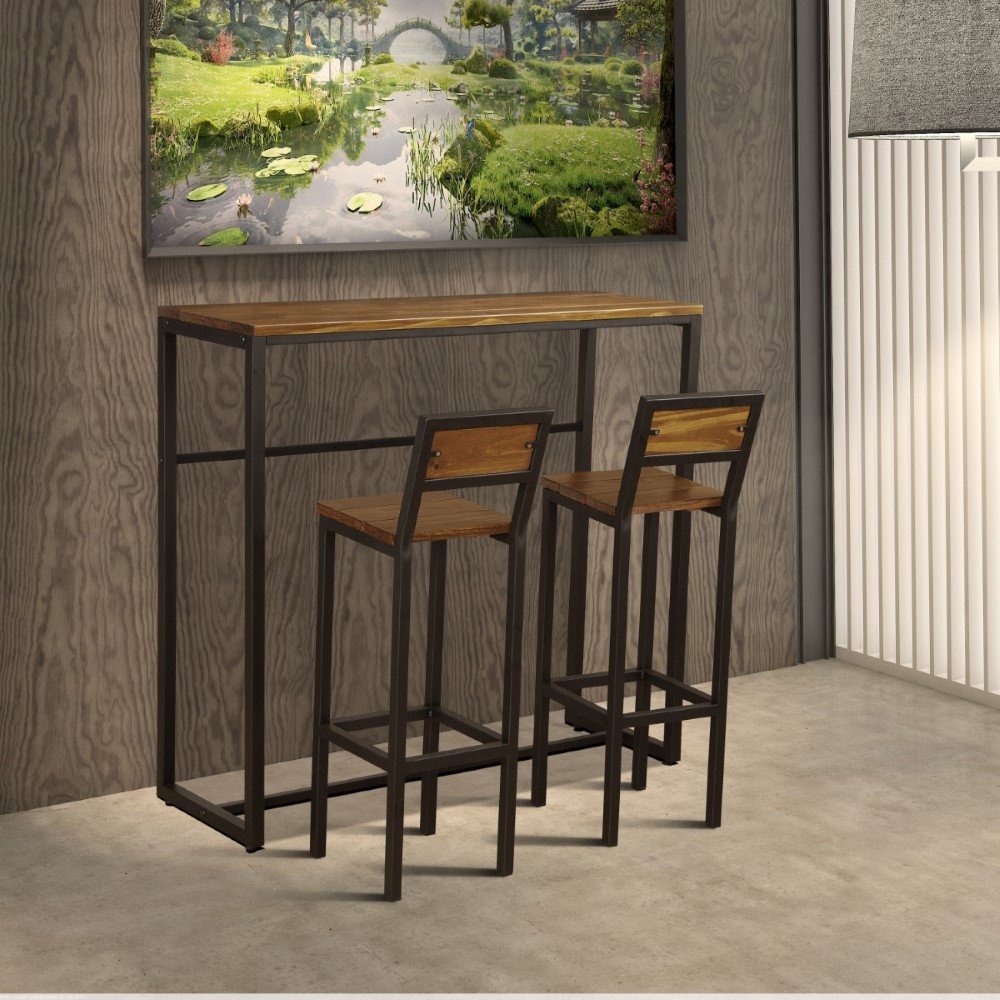 Bancada Industrial França com 2 Banquetas em Madeira | MadeiraMadeira