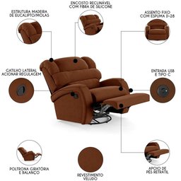 Poltrona do Papai Reclinável Kalie Glider Giratória Usb Fh9 Veludo Terracota - Mpozenato - 10