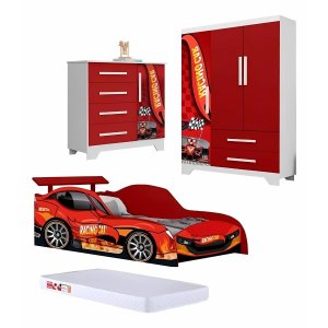 Jogo Quarto Completo Carro Cama Roupeiro Cômoda Colchão:vermelho