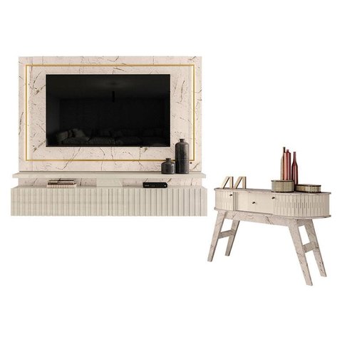 Estante Home Theater Suspenso Gaia com Aparador Estoril Calacata Off White – Madetec