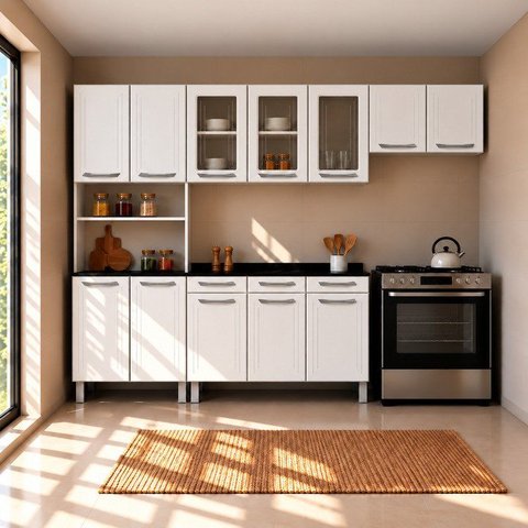 Cozinha de Aço Completa Modulada com Nicho para Micro-Ondas 4 Peças Topázio Branco