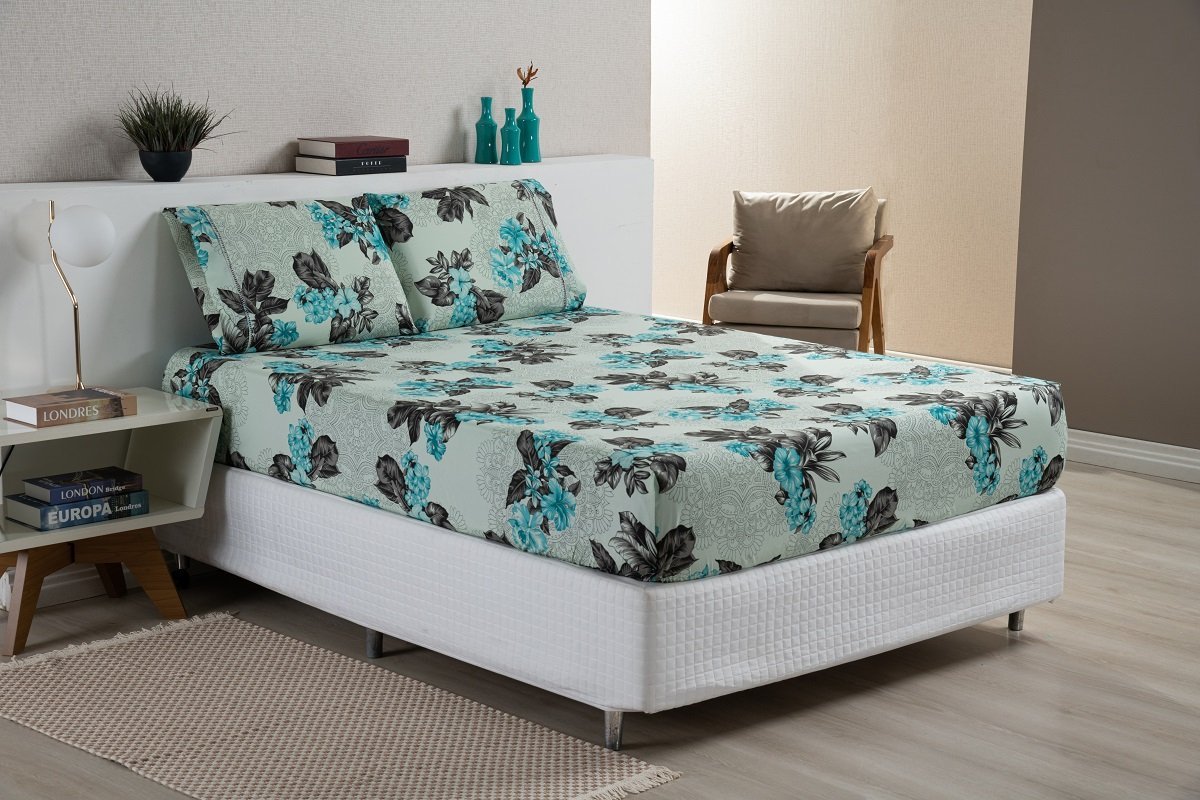 Jogo de Cama Queen 3 Pç Lençol + Fronhas Yasmin Percal Estampa Flores Verde - 1