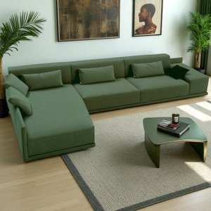Sofá de Canto 5 Lugares com Chaise Revestimento em Sarja 336x74cm