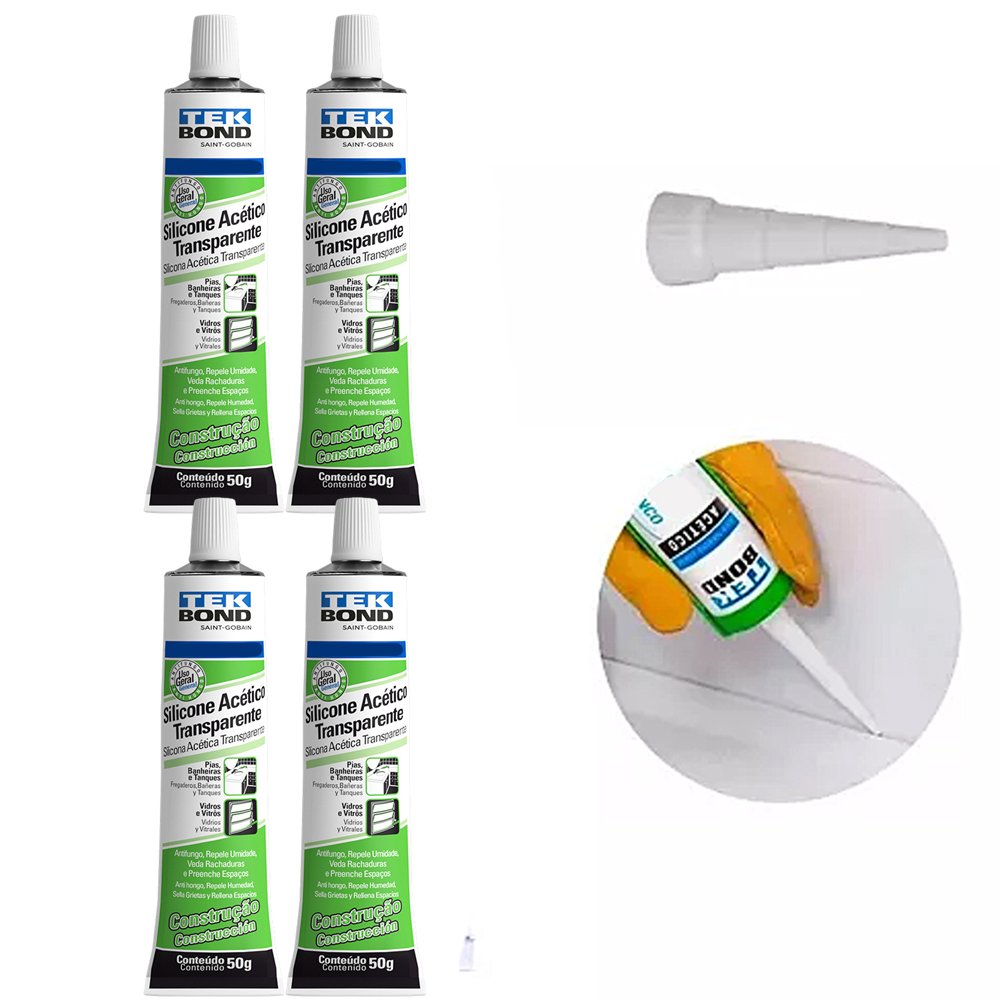 Kit com 4 Silicones Acético Incolor Tekbond 50g Adesivo Vedação e Fixação em Ambientes Internos e Ex - 1