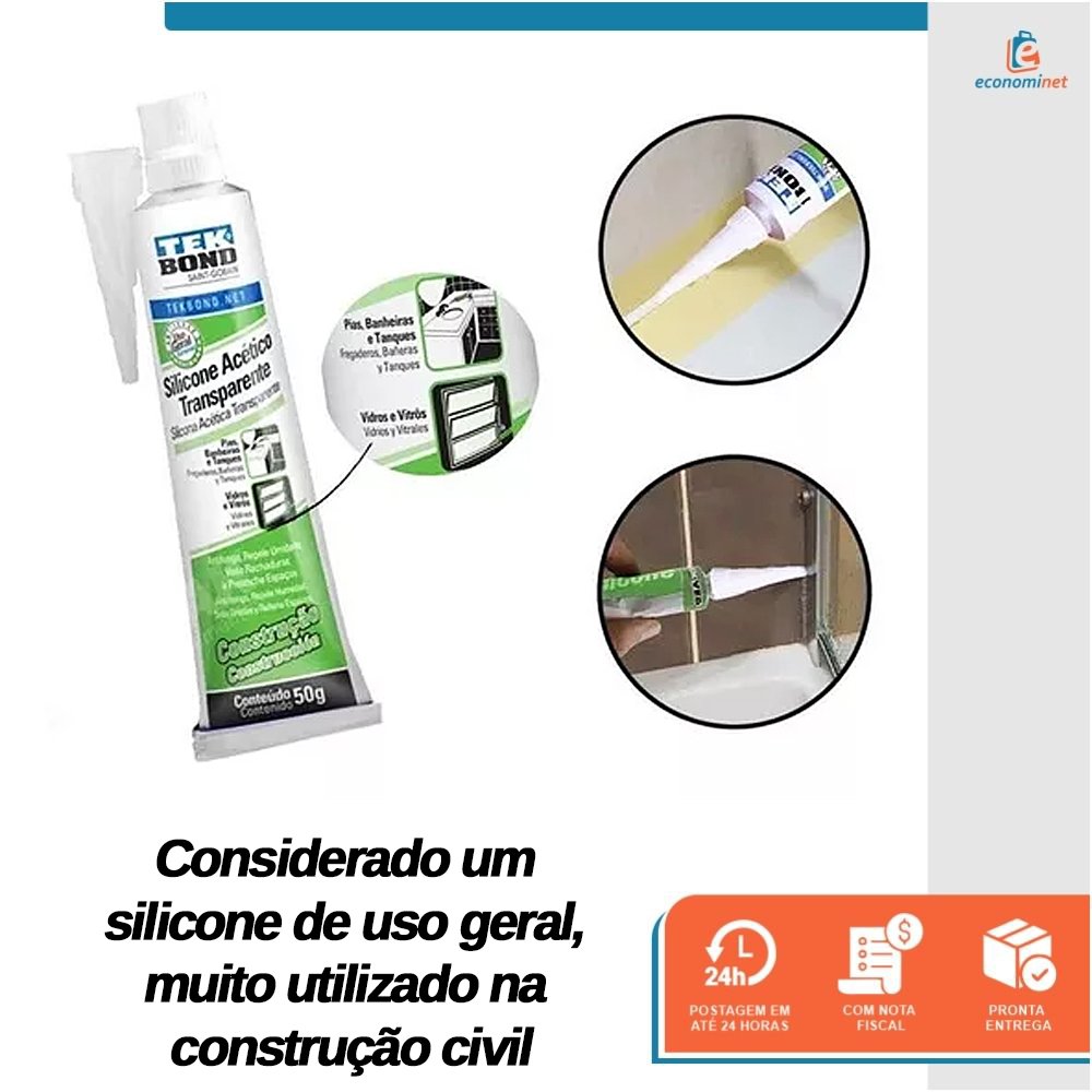 Kit com 4 Silicones Acético Incolor Tekbond 50g Adesivo Vedação e Fixação em Ambientes Internos e Ex - 4