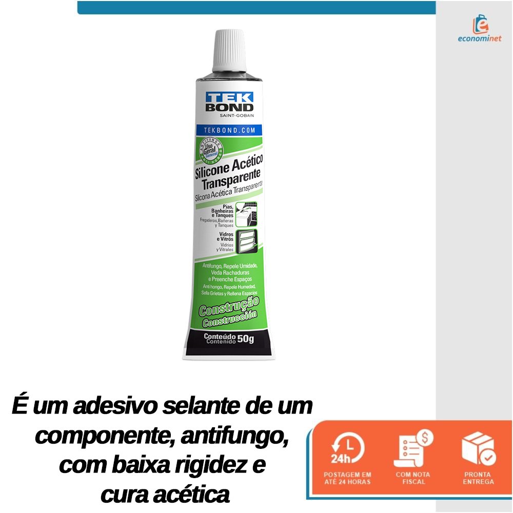 Kit com 4 Silicones Acético Incolor Tekbond 50g Adesivo Vedação e Fixação em Ambientes Internos e Ex - 3