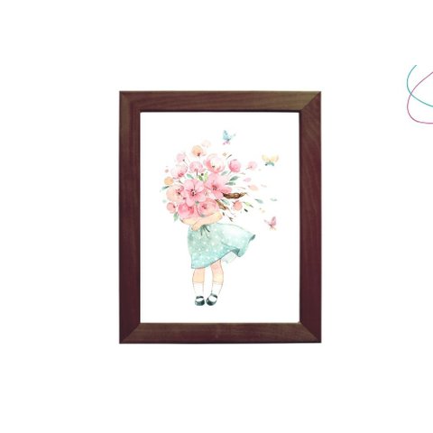 Quadro Decorativo Infantil Menina com Flores Aquarela:tabaco