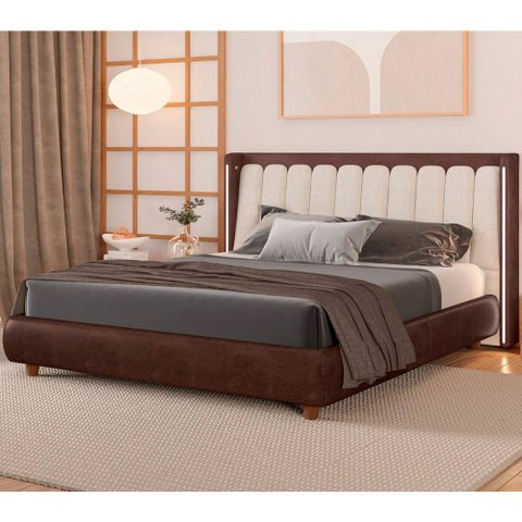 Cama Japonesa com Cabeceira em LED Seo-Yeon Casal Courino Marrom / Linho Off White - Sallar Home