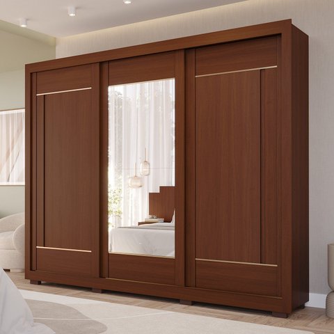 Guarda-Roupa Casal 3 Portas de Correr com Pés e Espelhos 269cm 100% MDF Olinda Espresso Móveis Marrom/Jequitiba