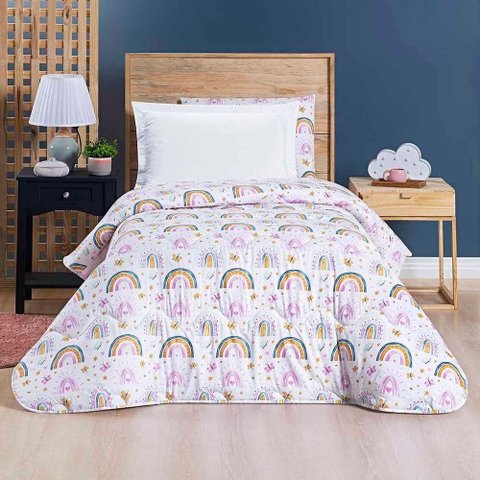 Edredom Joy Kids Infantil Solteiro 01 Peça Micropercal 200 Fios Dupla Face Estampado - Rainbow Rosa