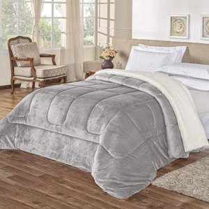 Coberdrom Queen Noruega Sherpa + Manta Flannel 1pç - Cinza