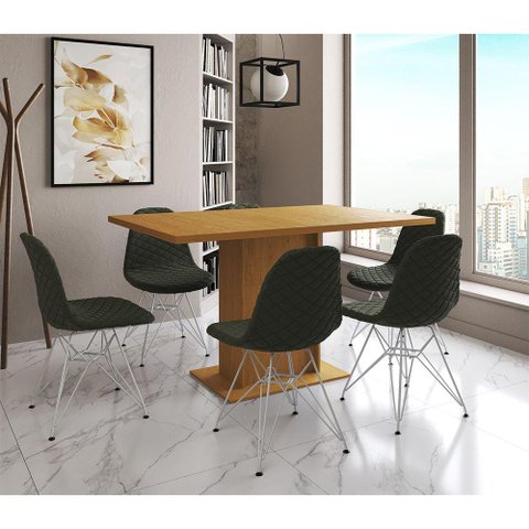 Mesa Jantar Londres Retangular Canela 137x90cm 6 Cadeiras Estofadas Verde Ferro Branco