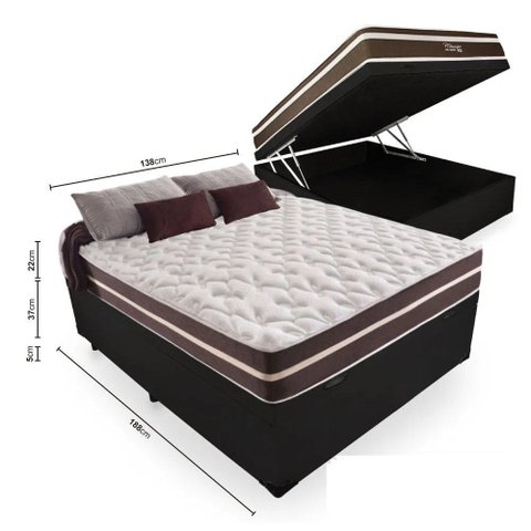 Box com Baú Casal + Colchão de Molas Superlastic Casal - Anjos 138x188x64:preto