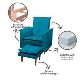 Poltrona Multifuncional com Puff Suede Azul Tiffany Tana Decor Newbelle Decor - 3