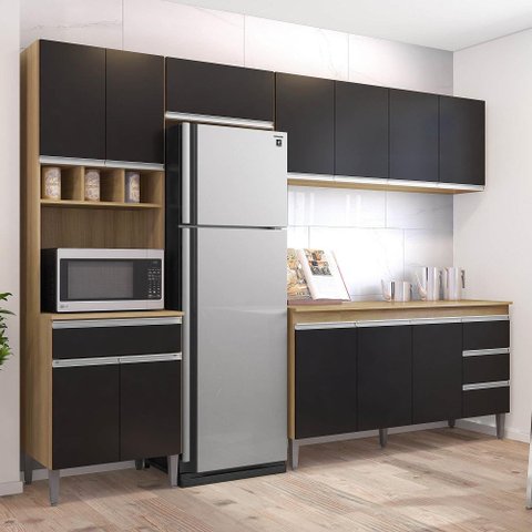 Cozinha Modulada 5 Peças Andréia 280cm com Tampo Amêndoa Preto - Ajl