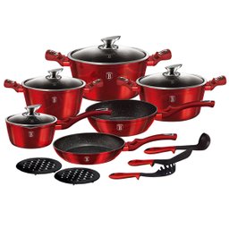 Jogo Panelas e Utensílios 15 Peças Tripla Camada de Mármore Burgundy Berlinger Haus Frigideira Caçar - 1
