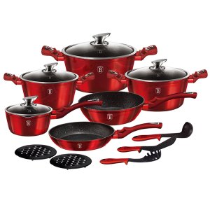 Jogo Panelas e Utensílios 15 Peças Tripla Camada de Mármore Burgundy Berlinger Haus Frigideira Caçar