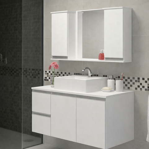 Conjunto de Banheiro MDF 0,80m Branco Gabinete Cuba e Espelheira:Branco