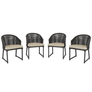 4 Cadeira Noronha Aluminio Micro Pintura Preta, Tr. Telinha Corda Nautica Preta, Estofado - Bege