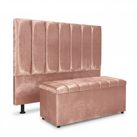 Kit Cabeceira e Calçadeira Baú Carla Casal 140 Cm - Veludo Rose