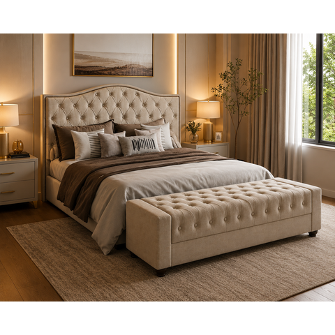 Conjunto Viana Cabeceira Queen 1,60m Puff Baú Bellmont Linho Bege Larbelle Móveis