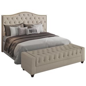 Conjunto Viana Cabeceira Queen 1,60m Puff Baú Bellmont Linho Bege Larbelle Móveis