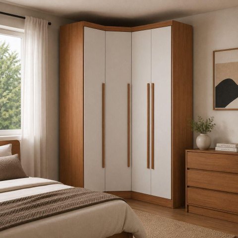 Guarda Roupa de Canto Safira 4 Portas 3 Gavetas MDF Cumaru-Fendi 290cm