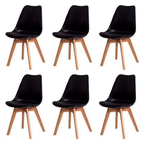 Kit C/6 Cadeiras Leda – Charles Eames, Saarinen Wood com Almofada Preta