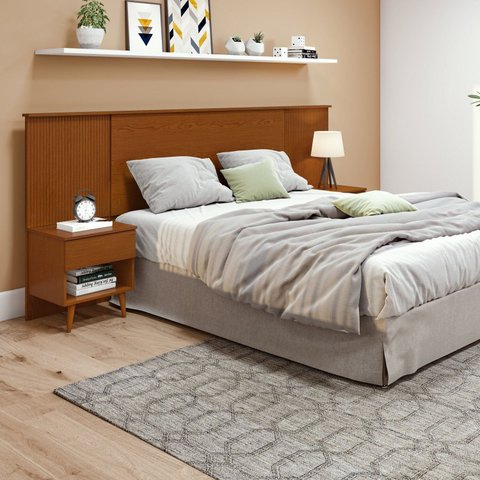 Cabeceira Regulável Painel Ripado Pés Palito em Madeira Like