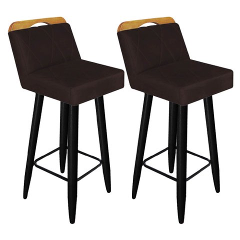 Kit 02 Banqueta Alta C/ Encosto Lith Para Cozinha Bar Balcão Bistrô Pé Palito Preto Suede Marrom - A