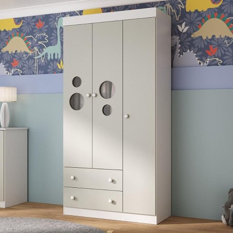 Guarda-roupa Infantil 92cm com Vidro 3 Portas e 2 Gavetas Pirulito Multimóveis Mp4467 Branco/off