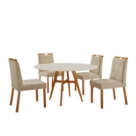Conjunto Sala de Jantar Mesa Atenas 110cm Off White com 4 Cadeiras Bela Linho Bege