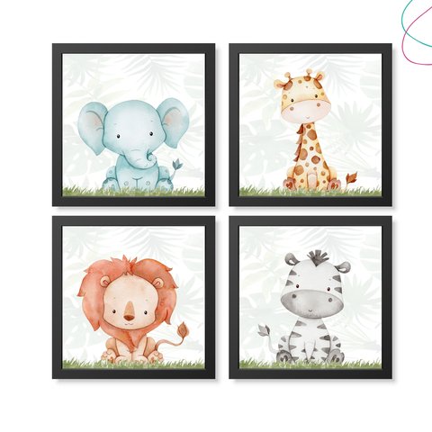 Kit 4 Quadros Decorativos Safari Aquarela Baby Moldura Vidro:preta