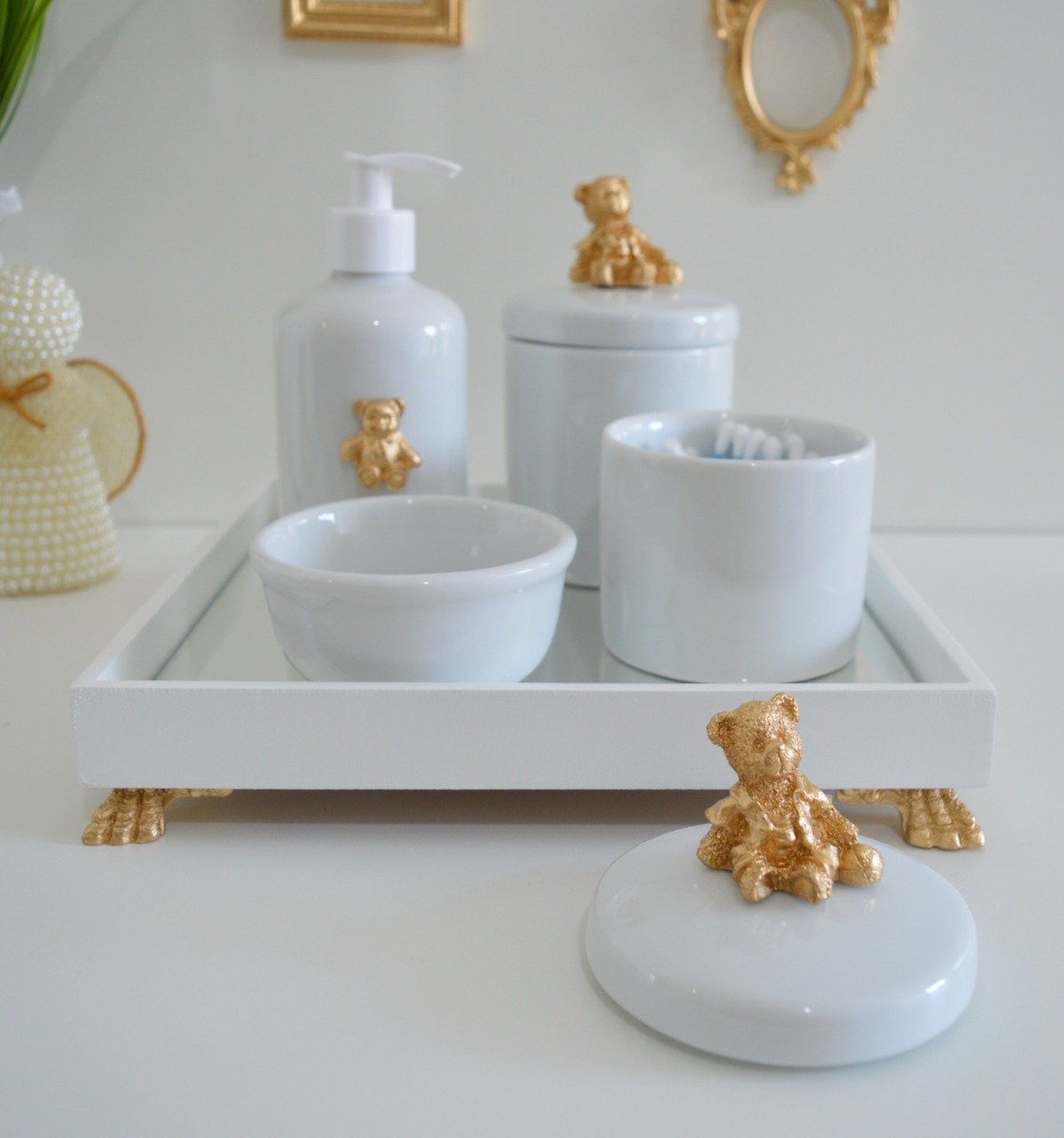 Kit Higiene Porcelana Bebê Banho Cuidado Quarto K014 Urso - Dourado - 1