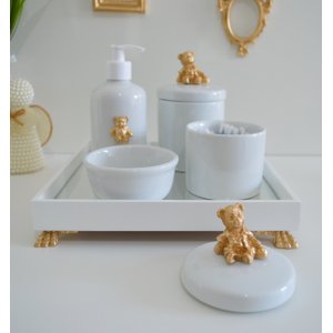 Kit Higiene Porcelana Bebê Banho Cuidado Quarto K014 Urso - Dourado