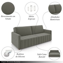 Sofá-cama Decorativo Retrátil Thanos 2 Lugares 192cm Veludo Grafite G45 - Gran Belo - 3