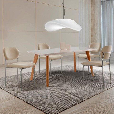 Conjunto Sala de Jantar Mesa Malta 120cm Tampo Laqueado Vidro Canto Moeda e 4 Cadeiras Marchezine