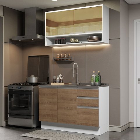 Cozinha Compacta Madesa Glamy 120002 com Armário e Balcão (Sem Tampo e Pia) Branco/Rustic Cor:Branco