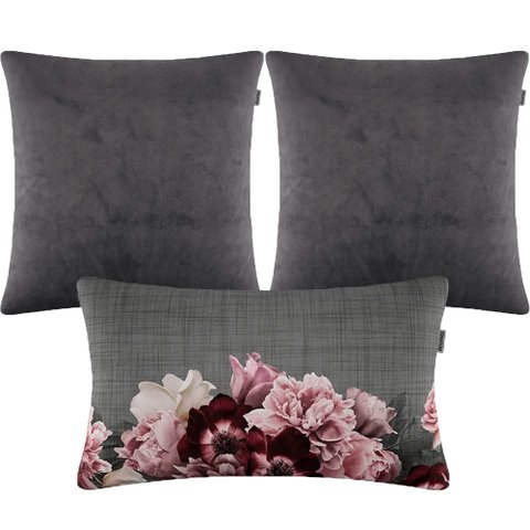 Kit 3 Almofadas Composê Veludo Liso Cinza e Amor Perfeito Sua Casa Decor Kit 3 Almofadas Composê Vel