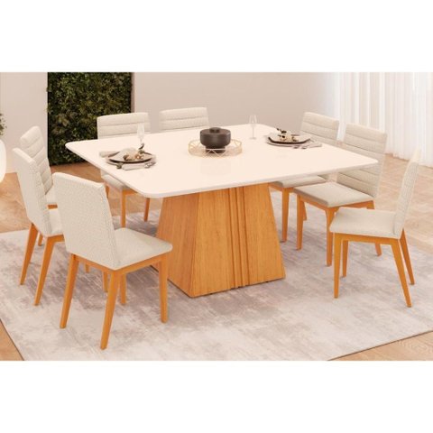 Sala de Jantar Completa Itália Tampo Madeirado C/ Vidro Curvo 136x136cm e 8 Cadeiras Sofia Cedro/