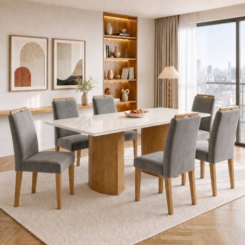 Conjunto Sala de Jantar 6 Lugares Isla e Lyra 160x80cm Cinamomo Off White Cinza